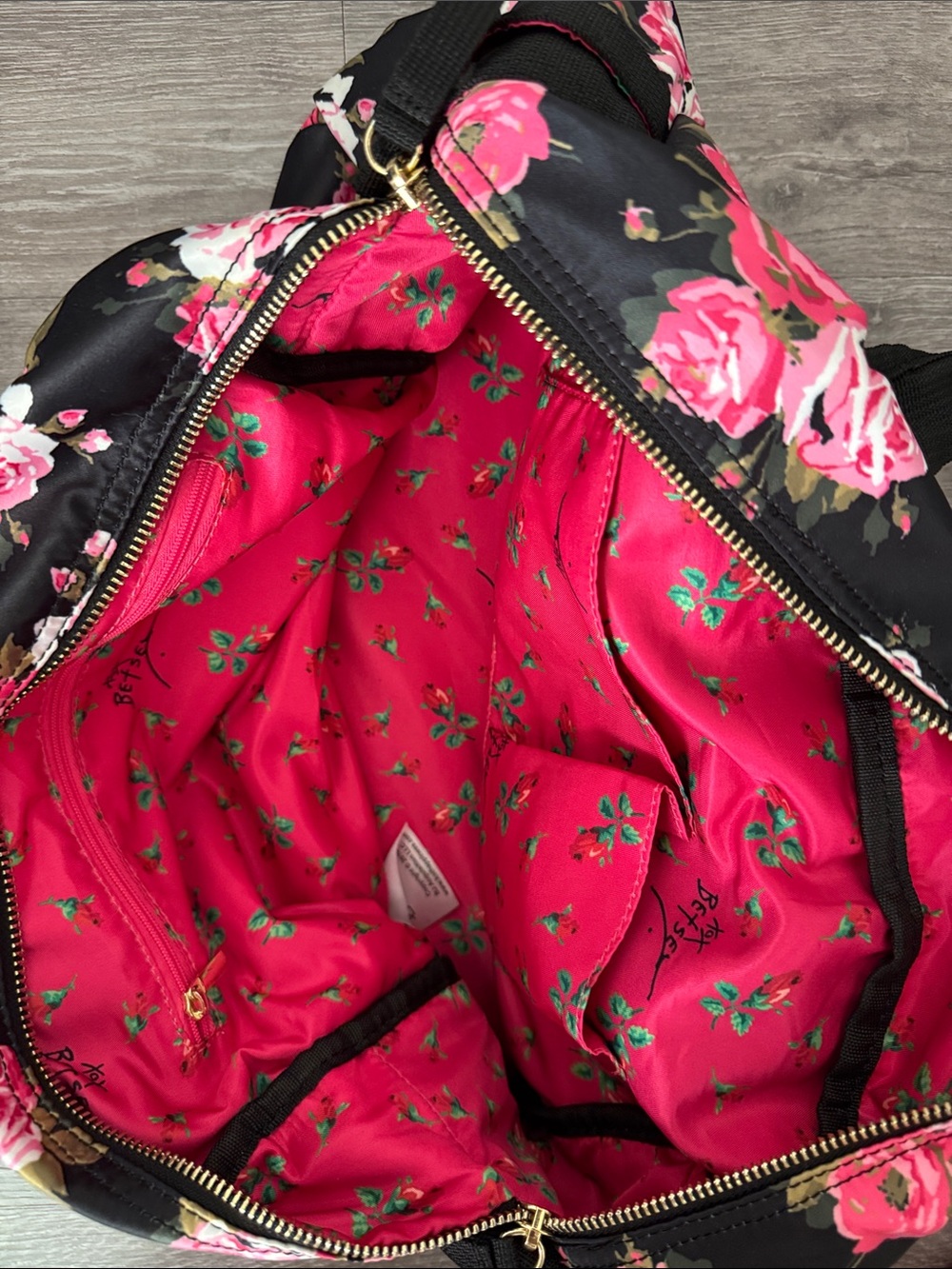 Betsey Johnson Black Tote with Pink Rose Print - Picture 7 of 8